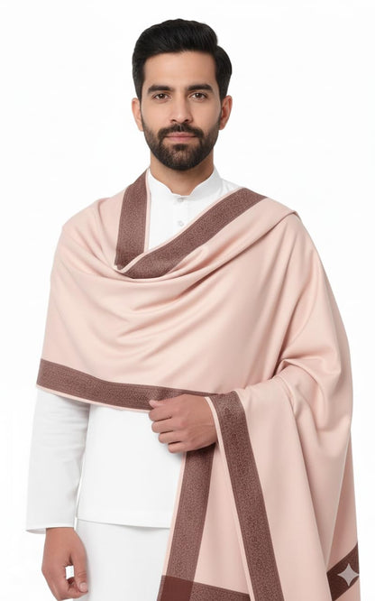 Men's Pure Wool Shawl, Cream, Embroidered Border, 50 x 100 inches