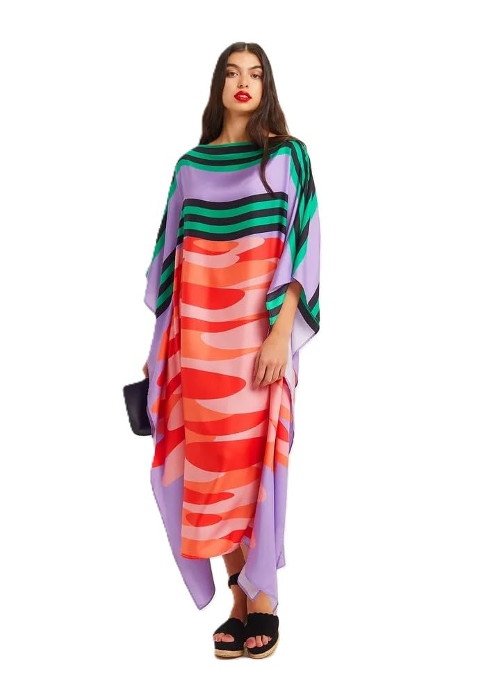 Kaftan Maxi Dress, Abstract Rose Print, Viscose Crepe, Batwing Sleeve, Loose Fit, One Size, Women's Resort Wear
