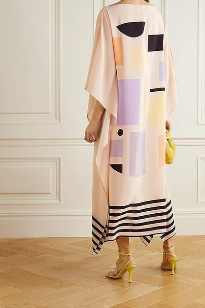 Geometric Print Kaftan Dress, Peach, Abstract Multicolour Pattern, Striped Hem, Bateau Neck, Flowy Silhouette
