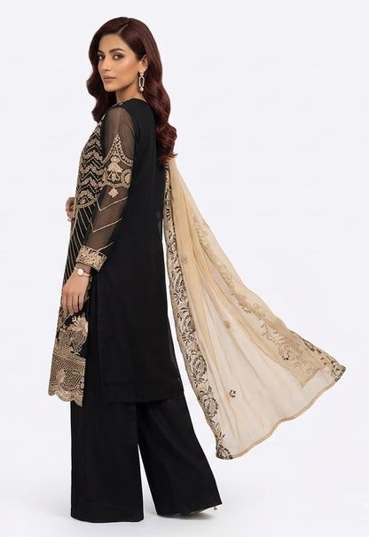 Black Embroidered Semi-Stiched Salwar Suit with Golden Dupatta, 3-Piece Pakistani Formal Wear