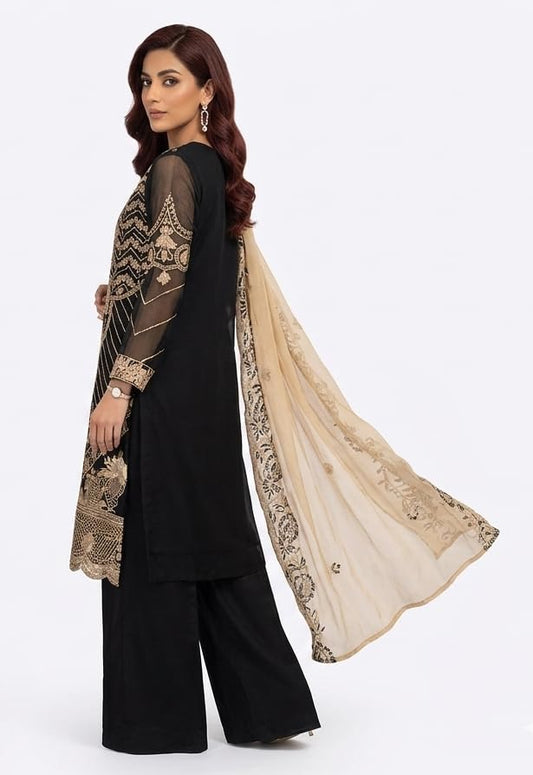 Black Embroidered Semi-Stiched Salwar Suit with Golden Dupatta, 3-Piece Pakistani Formal Wear