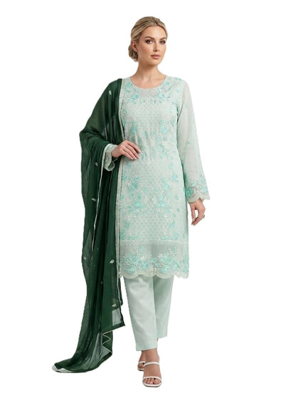Semi Stitched Suit, Mint Green Floral Embroidered Kurta with Straight Pants and Dark Green Dupatta
