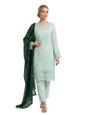 Semi Stitched Suit, Mint Green Floral Embroidered Kurta with Straight Pants and Dark Green Dupatta