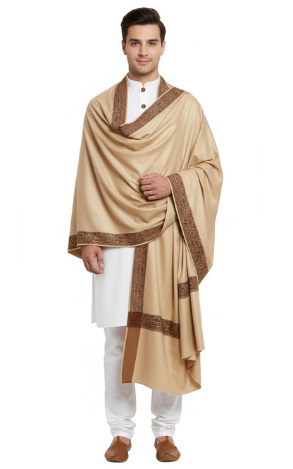 Men's Pure Wool Shawl, Cream, Embroidered Border, 50 x 100 inches