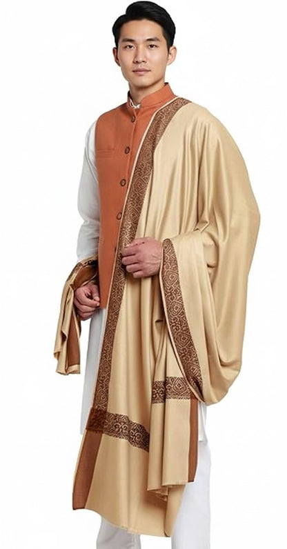 Men's Pure Wool Shawl, Cream, Embroidered Border, 50 x 100 inches