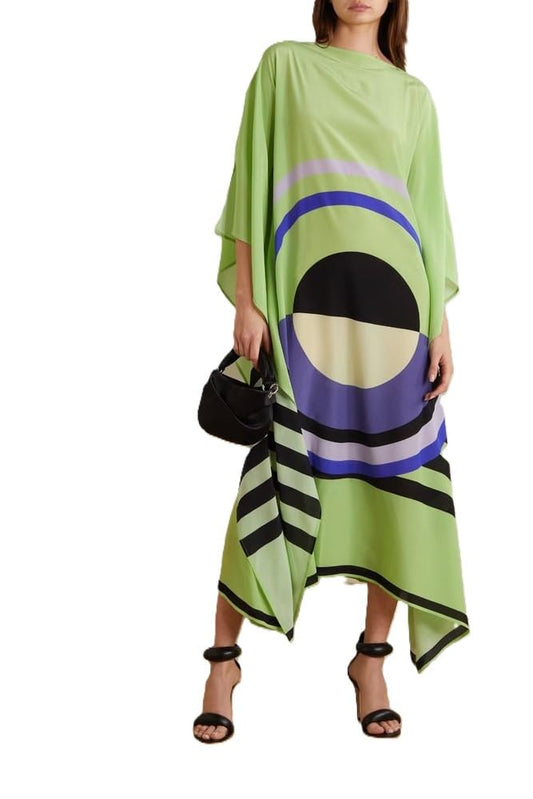 Geometric Print Kaftan Dress, Green, Asymmetric Hem, Flowing Silhouette, Casual Style