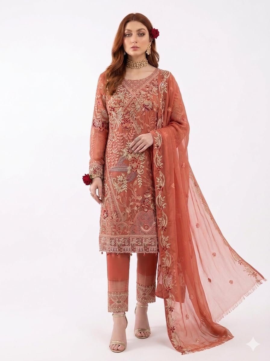Semi-Stitched Salwar Suit, Rust Orange, Floral Embroidered, Georgette with Dupatta