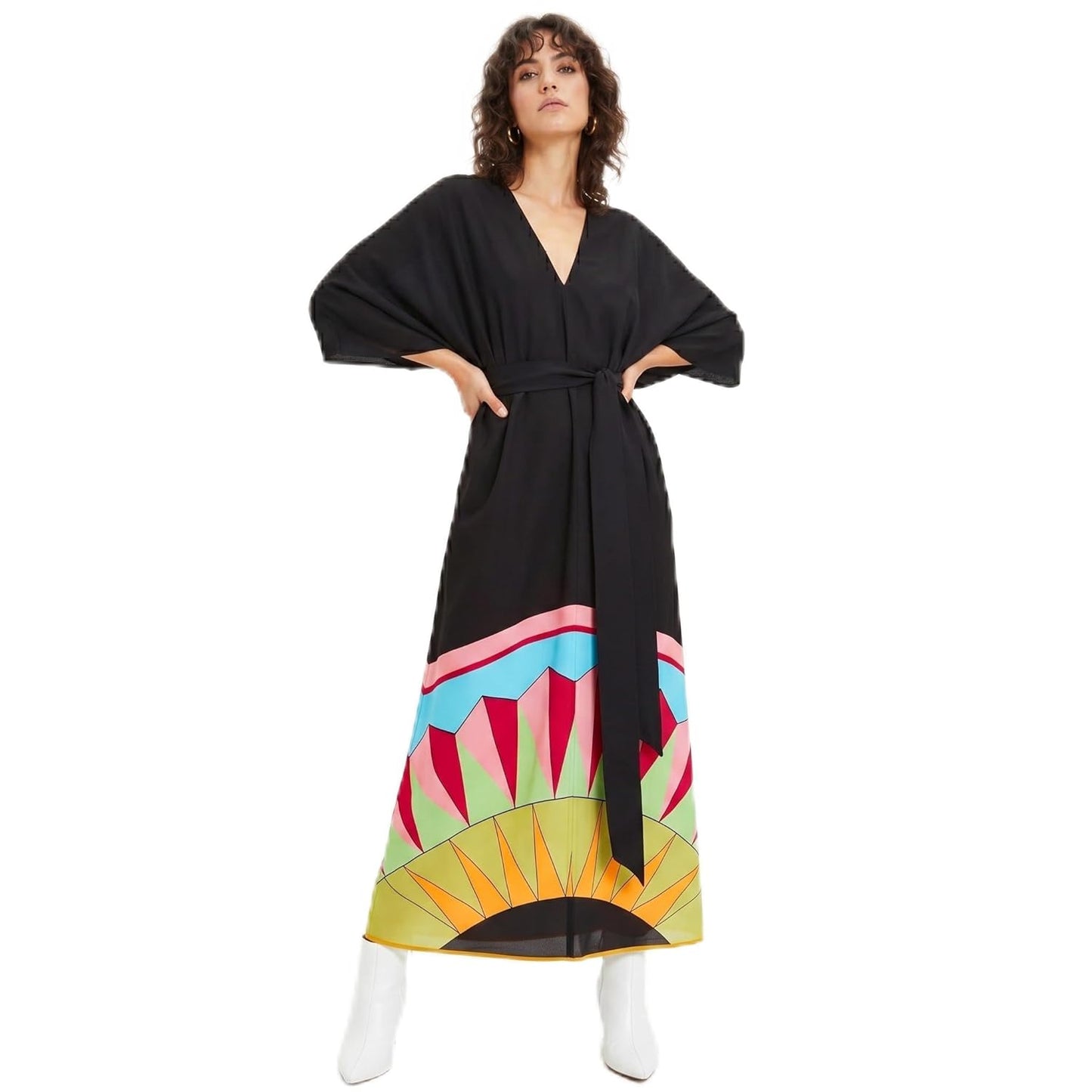 Multicolour Geometric Print Kaftan, Relaxed Fit, Half Sleeve, Free Size, Satin, Women's Beach Resort Wear
