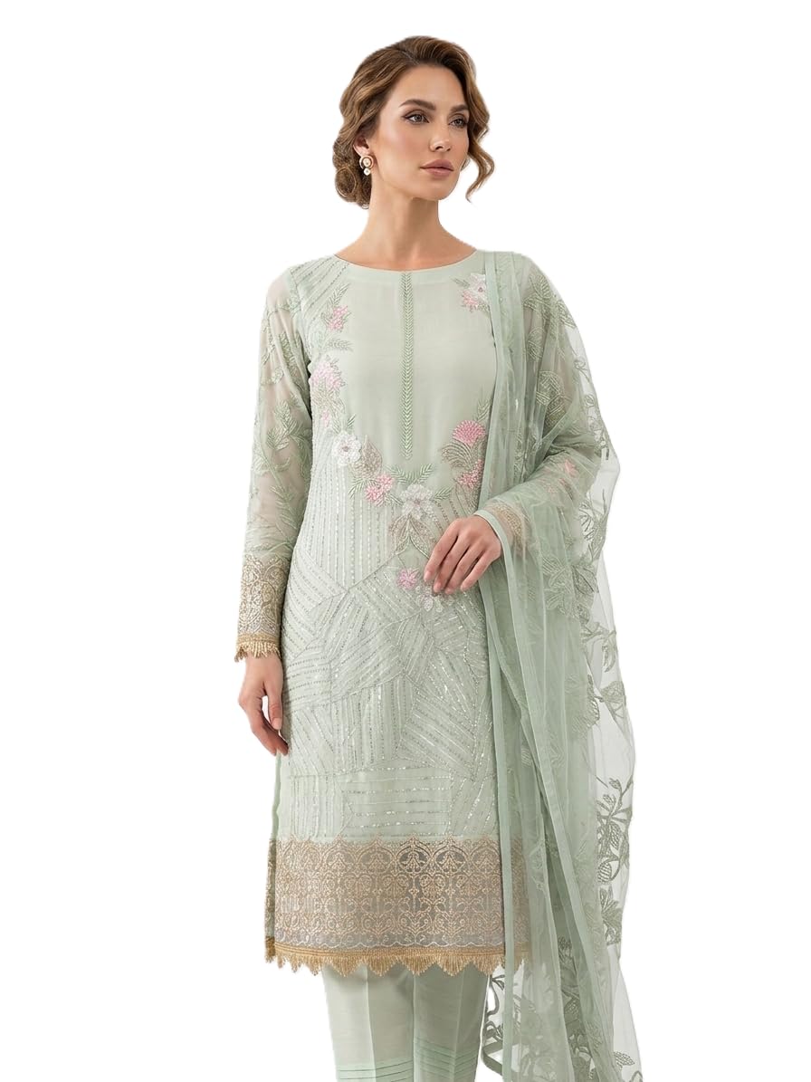 Embroidered Semi Stitched Salwar Suit, Mint Green, Floral Sequin Work, Net Dupatta, Festive