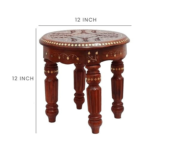 Sheesham Wood Round Side Table with Brass Carving – 12x12 Inch Coffee/Accent Table for Living Room & Outdoor
