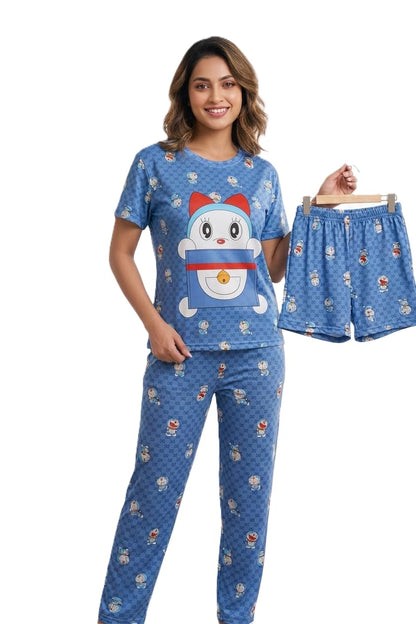 Doraemon Print Lounge Set, Blue, Cotton Blend, Short Sleeve Top with Full-Length Pant and Shorts, 3-Piece