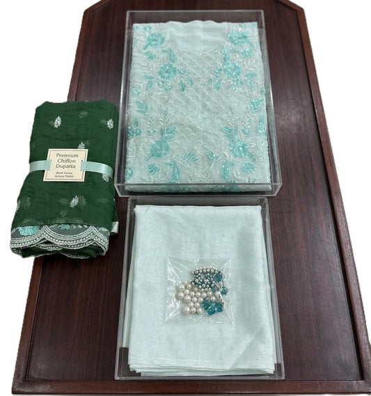 Semi Stitched Suit, Mint Green Floral Embroidered Kurta with Straight Pants and Dark Green Dupatta