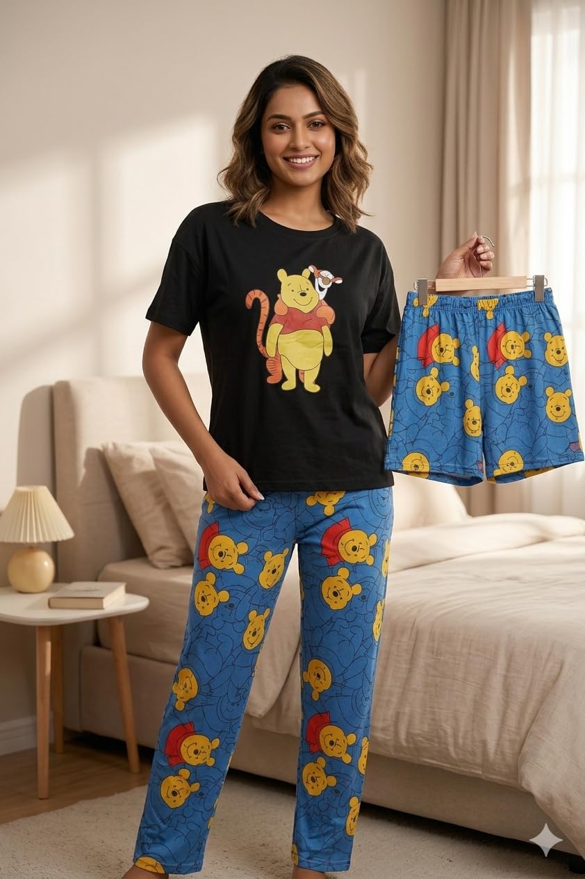 Pooh and Tigger Printed Women's Night Suit, Black Top with Blue Shorts and Pyjama, 3-Piece Set