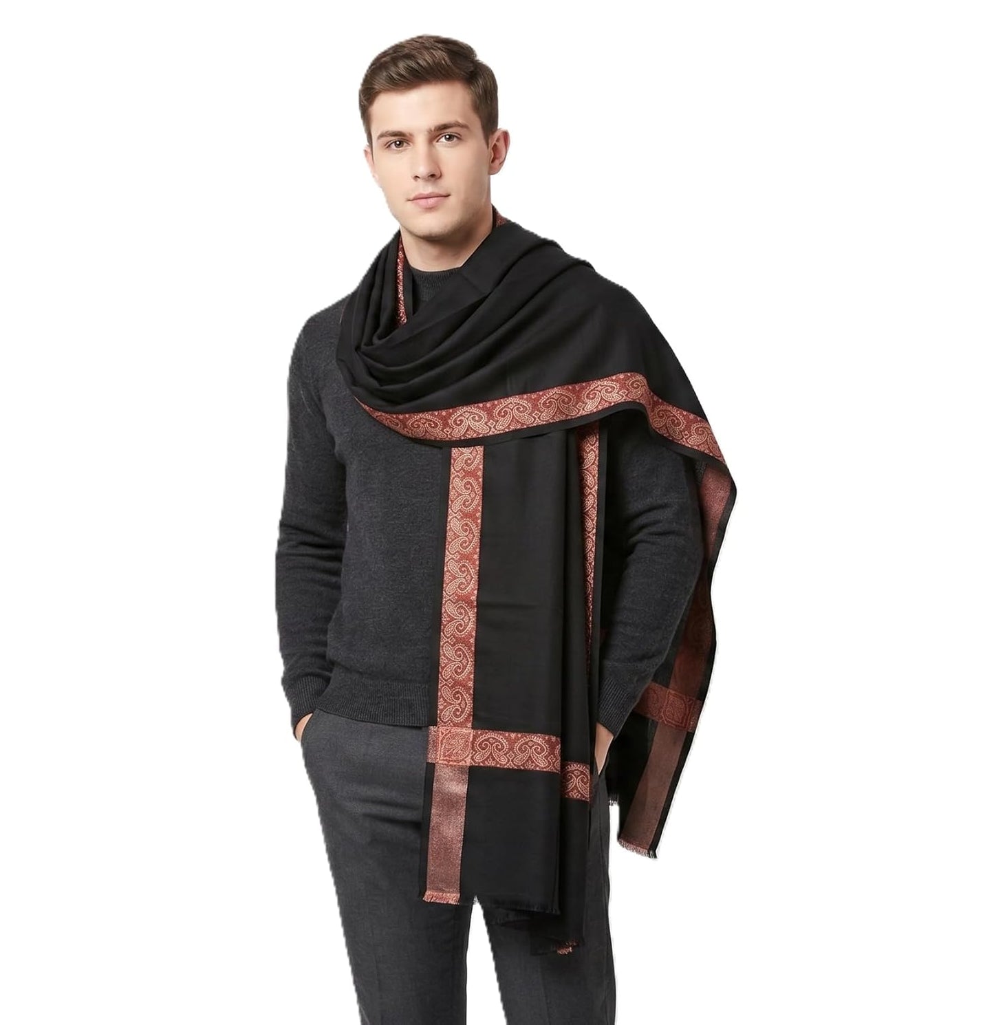 Men's Pure Wool Shawl, Cream, Embroidered Border, 50 x 100 inches