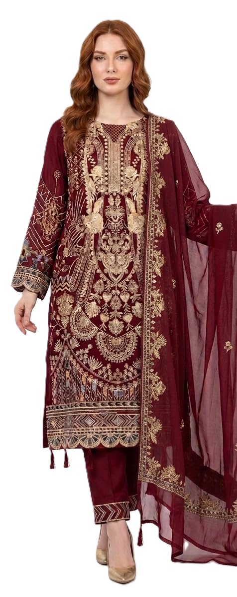 Embroidered Semi Stitched Maroon Salwar Suit with Dupatta, 3-Piece Traditional Pakistani Ethnic Wear