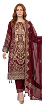Embroidered Semi Stitched Maroon Salwar Suit with Dupatta, 3-Piece Traditional Pakistani Ethnic Wear