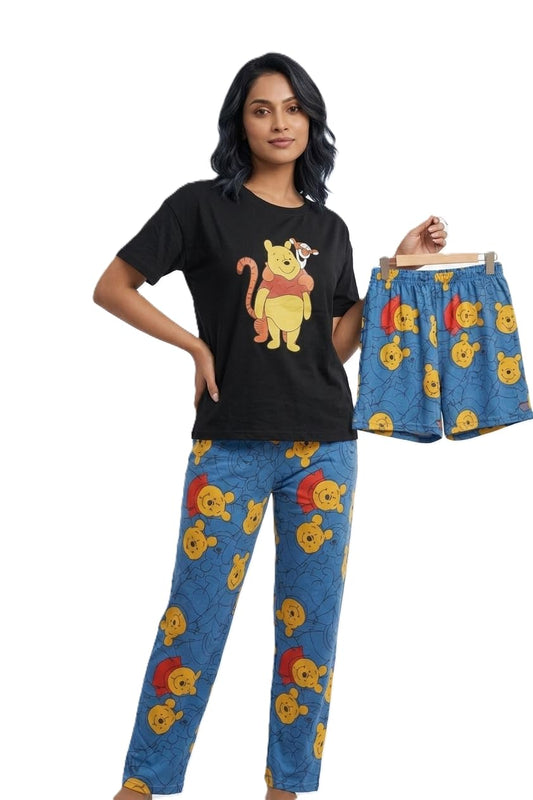 Pooh and Tigger Printed Women's Night Suit, Black Top with Blue Shorts and Pyjama, 3-Piece Set