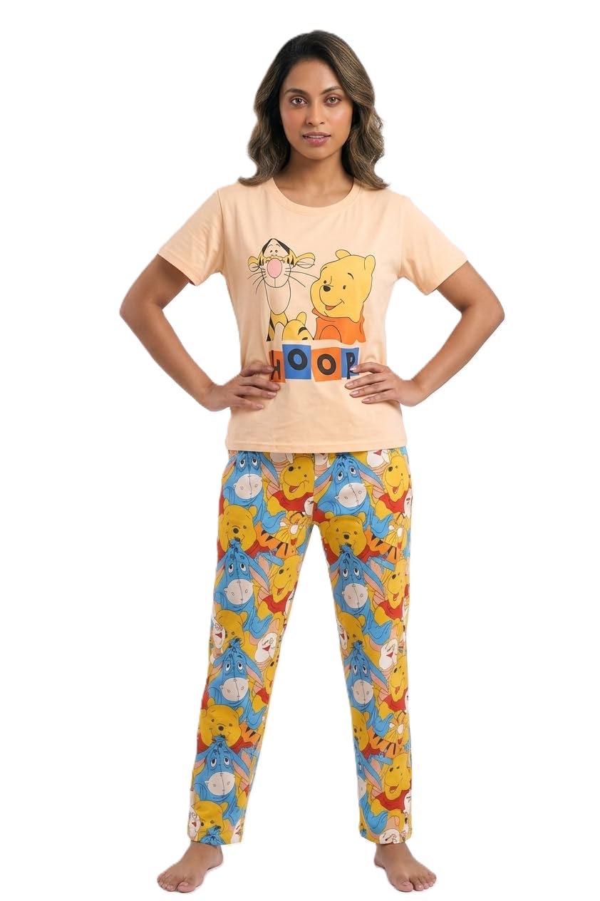 Graphic Night Suit for Women, Peach Top with Multicolour Character Print Pyjama Set