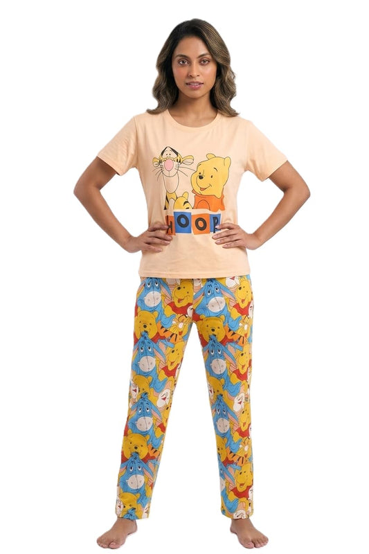 Graphic Night Suit for Women, Peach Top with Multicolour Character Print Pyjama Set