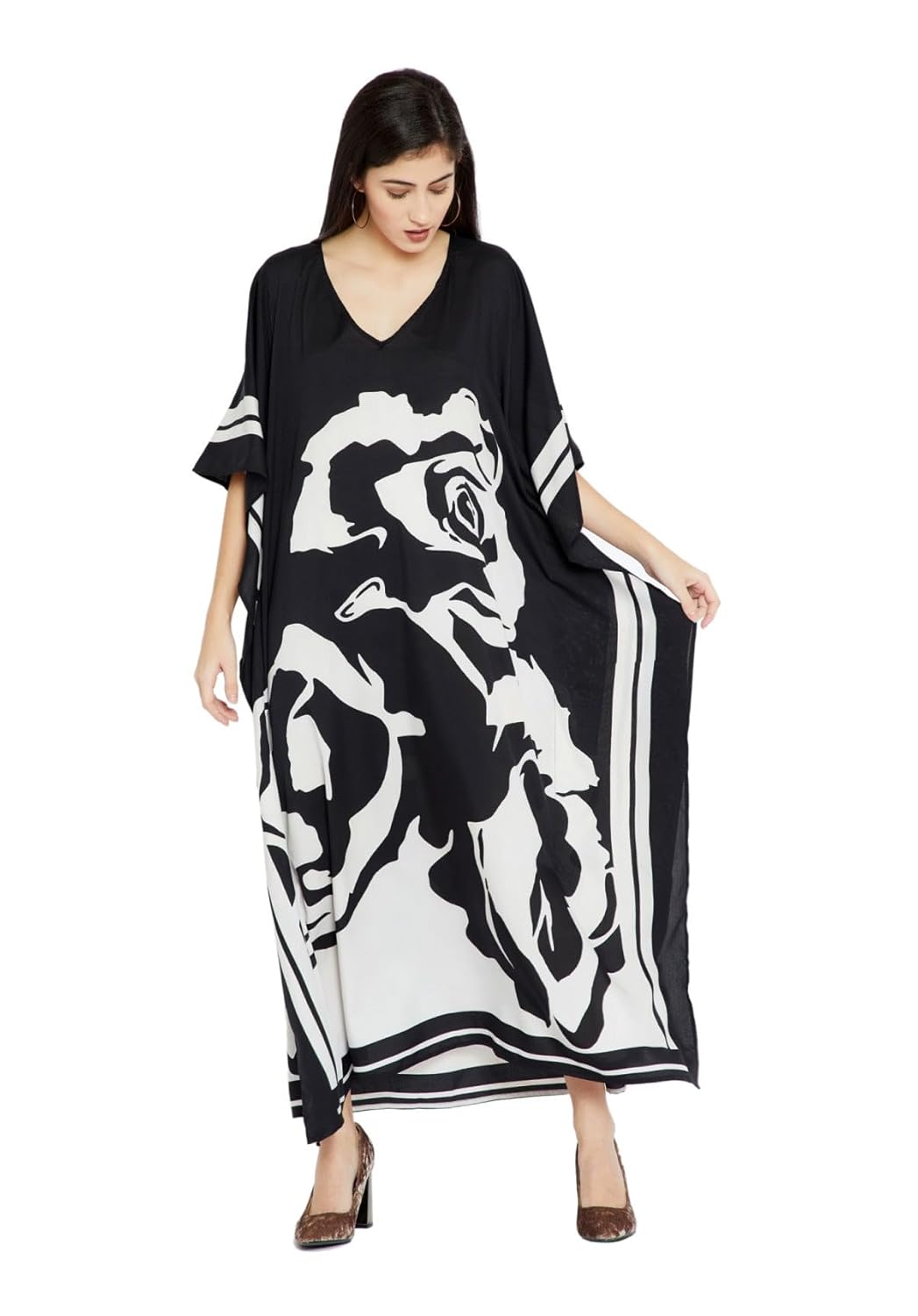 Women's Black & White Abstract Rose Print Kaftan Maxi Dress, V-Neck, Flowy Silhouette