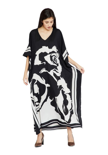 Women's Black & White Abstract Rose Print Kaftan Maxi Dress, V-Neck, Flowy Silhouette