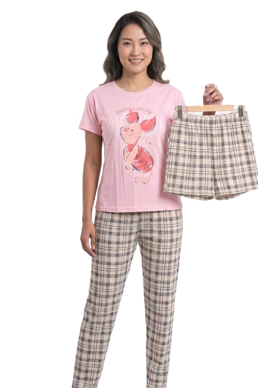 Women's Piglet Graphic Night Suit, Pink Short Sleeve Top with Plaid Pants and Shorts Set