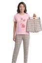 Women's Piglet Graphic Night Suit, Pink Short Sleeve Top with Plaid Pants and Shorts Set