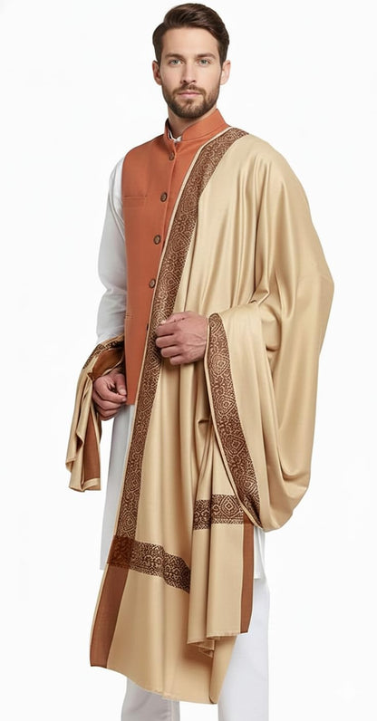 Men's Pure Wool Shawl, Cream, Embroidered Border, 50 x 100 inches