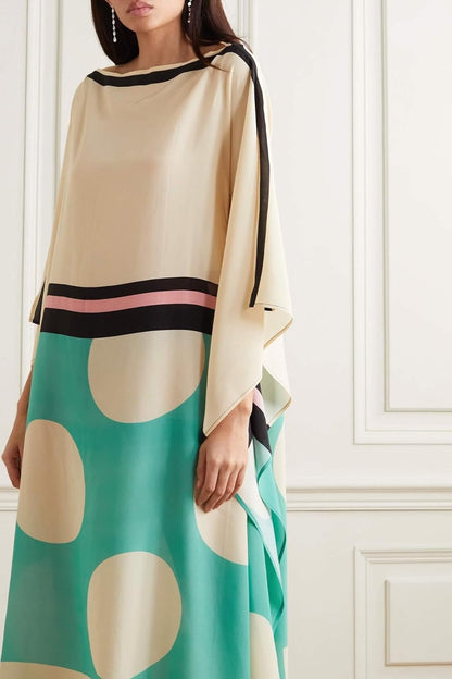 Multicolour Geometric Print Kaftan, Relaxed Fit, Bateau Neck, Bat-Wing Sleeves, Free Size