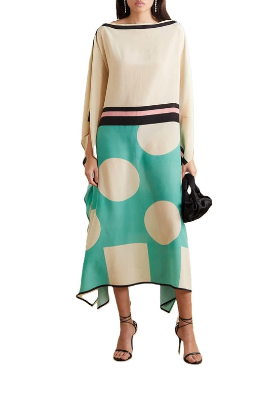 Multicolour Geometric Print Kaftan, Relaxed Fit, Bateau Neck, Bat-Wing Sleeves, Free Size