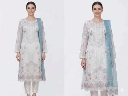 Women's Semi Stitched Salwar Suit, White with Blue Dupatta, Floral Embroidered, Georgette, Ethnic Wear
