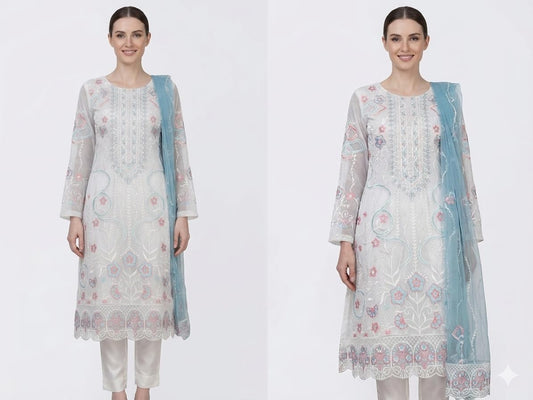 Women's Semi Stitched Salwar Suit, White with Blue Dupatta, Floral Embroidered, Georgette, Ethnic Wear