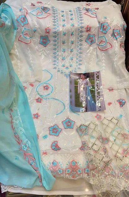 Women's Semi Stitched Salwar Suit, White with Blue Dupatta, Floral Embroidered, Georgette, Ethnic Wear