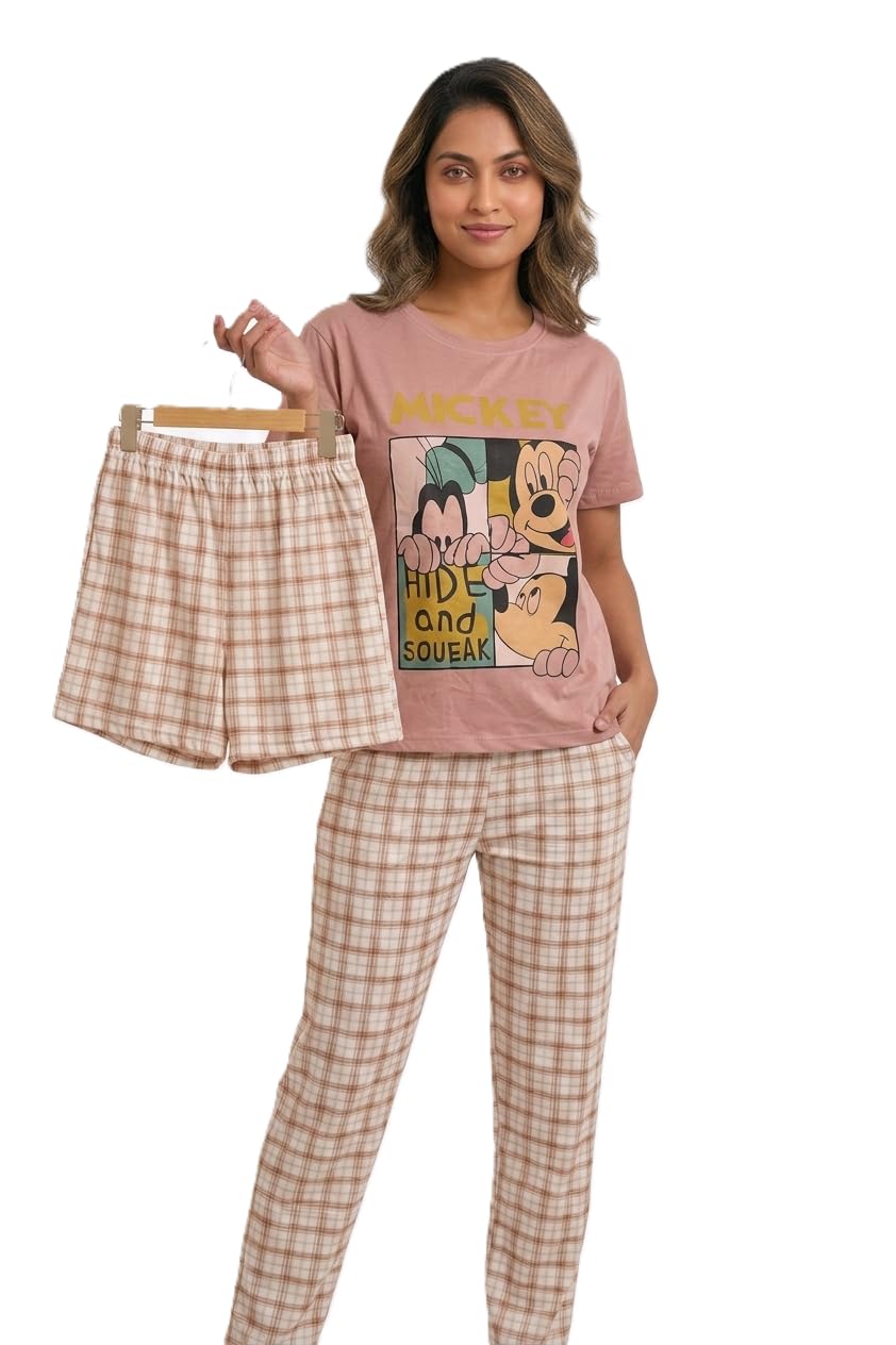 Mickey Mouse Print Lounge Set, Cotton Blend, Short Sleeve Top with Full-length Pant and Shorts, 3-Piece Set