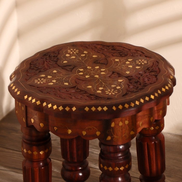 Sheesham Wood Round Side Table with Brass Carving – 12x12 Inch Coffee/Accent Table for Living Room & Outdoor
