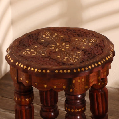 Sheesham Wood Round Side Table with Brass Carving – 12x12 Inch Coffee/Accent Table for Living Room & Outdoor