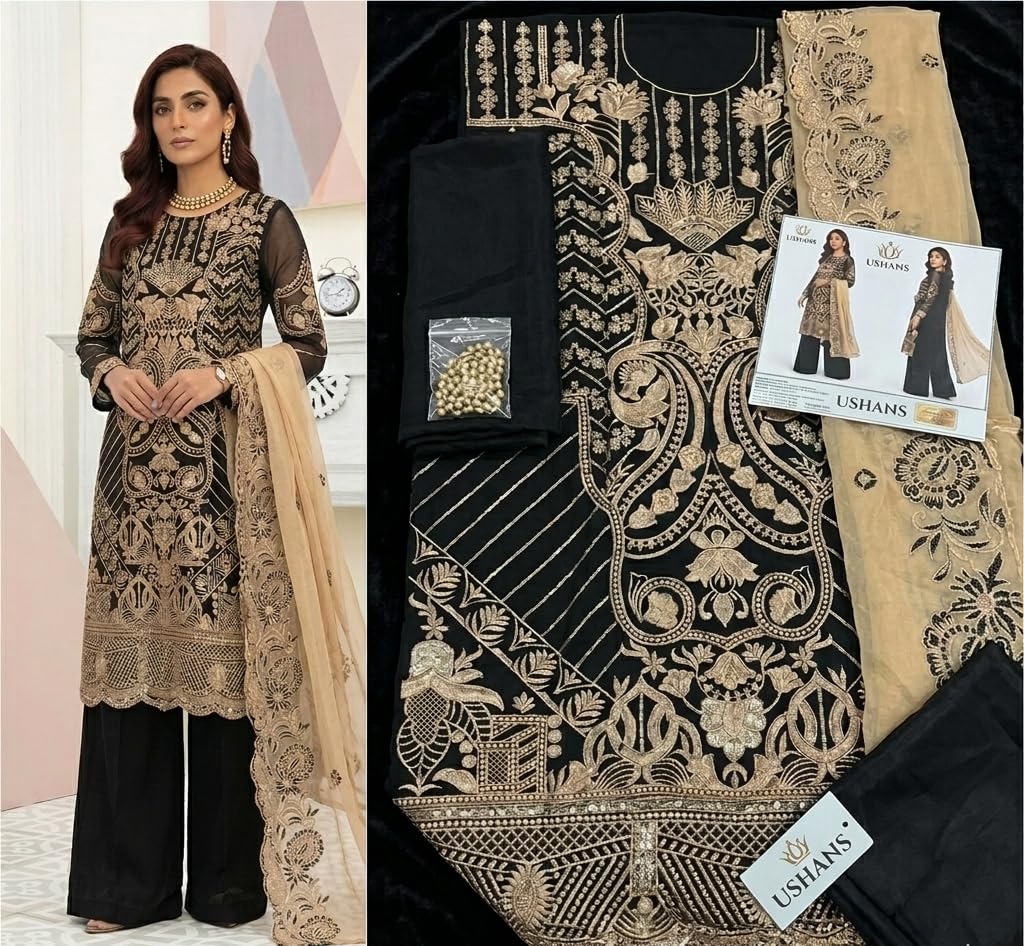 Black Embroidered Semi-Stiched Salwar Suit with Golden Dupatta, 3-Piece Pakistani Formal Wear