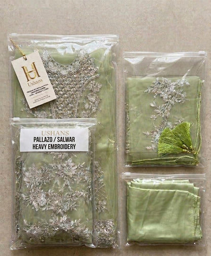 Semi-Stitched Salwar Suit, Light Green, Heavy Embroidery, Palazzo with Dupatta