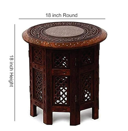 Sheesham Wood Round Folding Side Table – Antique Brown Hand-Carved 18 Inch End Table for Living Room