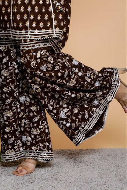 Women's Brown Floral Printed Cord Set, Anarkali Kurta with Palazzo Pants, Ethnic Wear