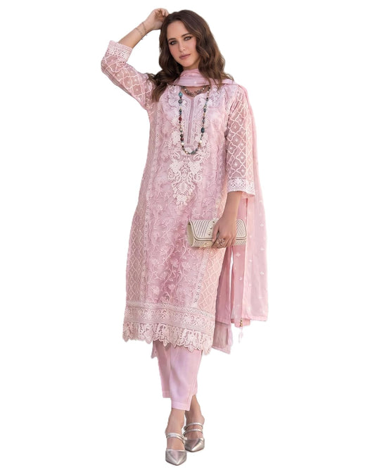 Semi Stitched Suit, Pink, Floral Embroidery, Salwar Kameez with Dupatta