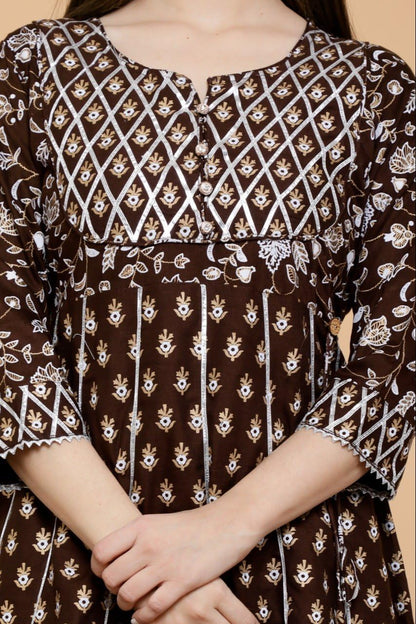 Women's Brown Floral Printed Cord Set, Anarkali Kurta with Palazzo Pants, Ethnic Wear