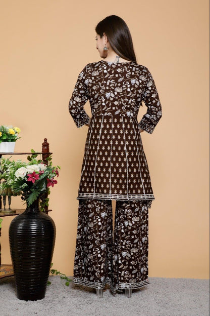 Women's Brown Floral Printed Cord Set, Anarkali Kurta with Palazzo Pants, Ethnic Wear