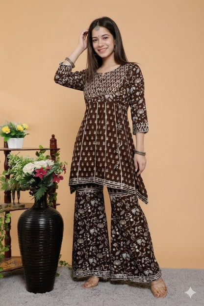 Women's Brown Floral Printed Cord Set, Anarkali Kurta with Palazzo Pants, Ethnic Wear