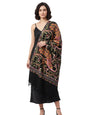 Black Shawl with Vibrant Peacock and Floral Embroidery, Multicolour, with Tassel Fringe