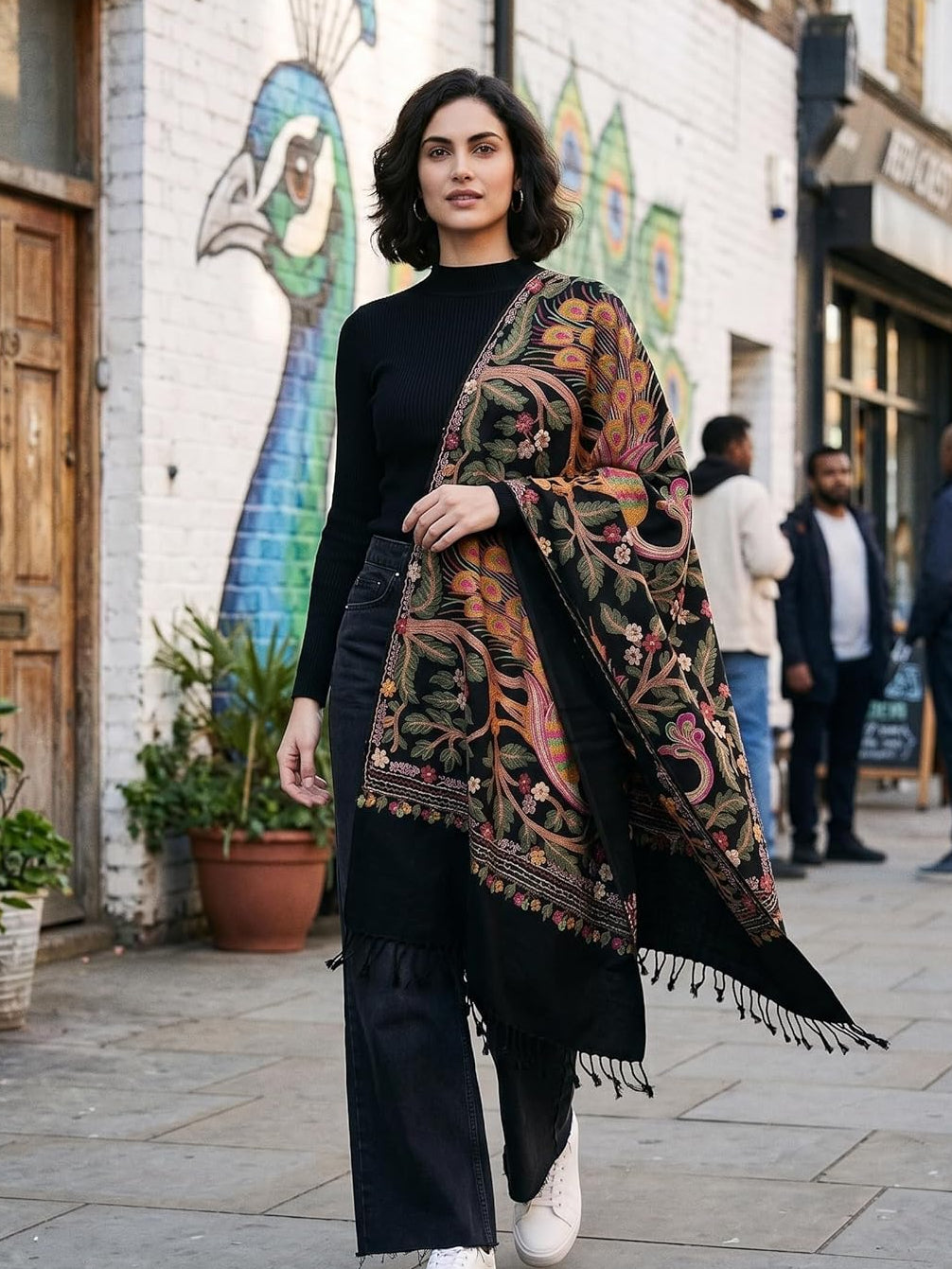 Black Shawl with Vibrant Peacock and Floral Embroidery, Multicolour, with Tassel Fringe