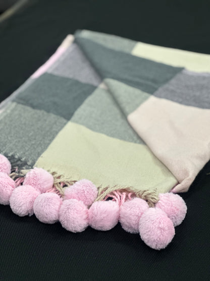 Pink, Brown & Cream Check Pom Pom Scarf
