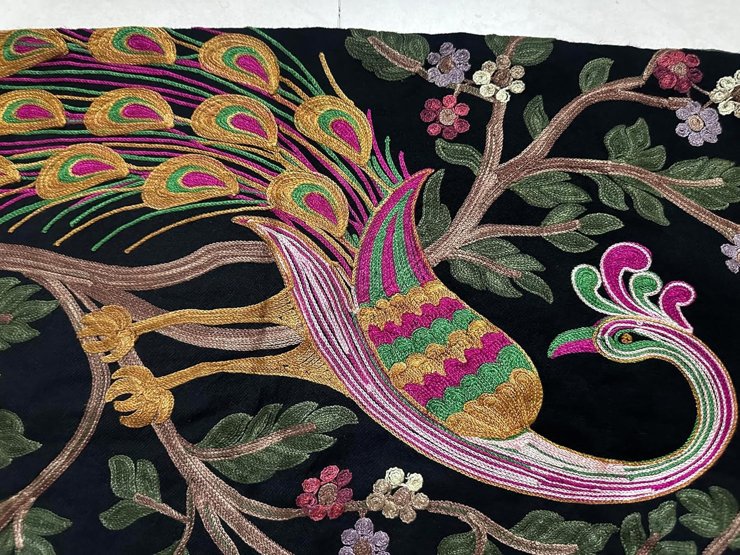 Black Shawl with Vibrant Peacock and Floral Embroidery, Multicolour, with Tassel Fringe