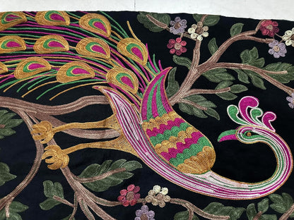 Black Shawl with Vibrant Peacock and Floral Embroidery, Multicolour, with Tassel Fringe