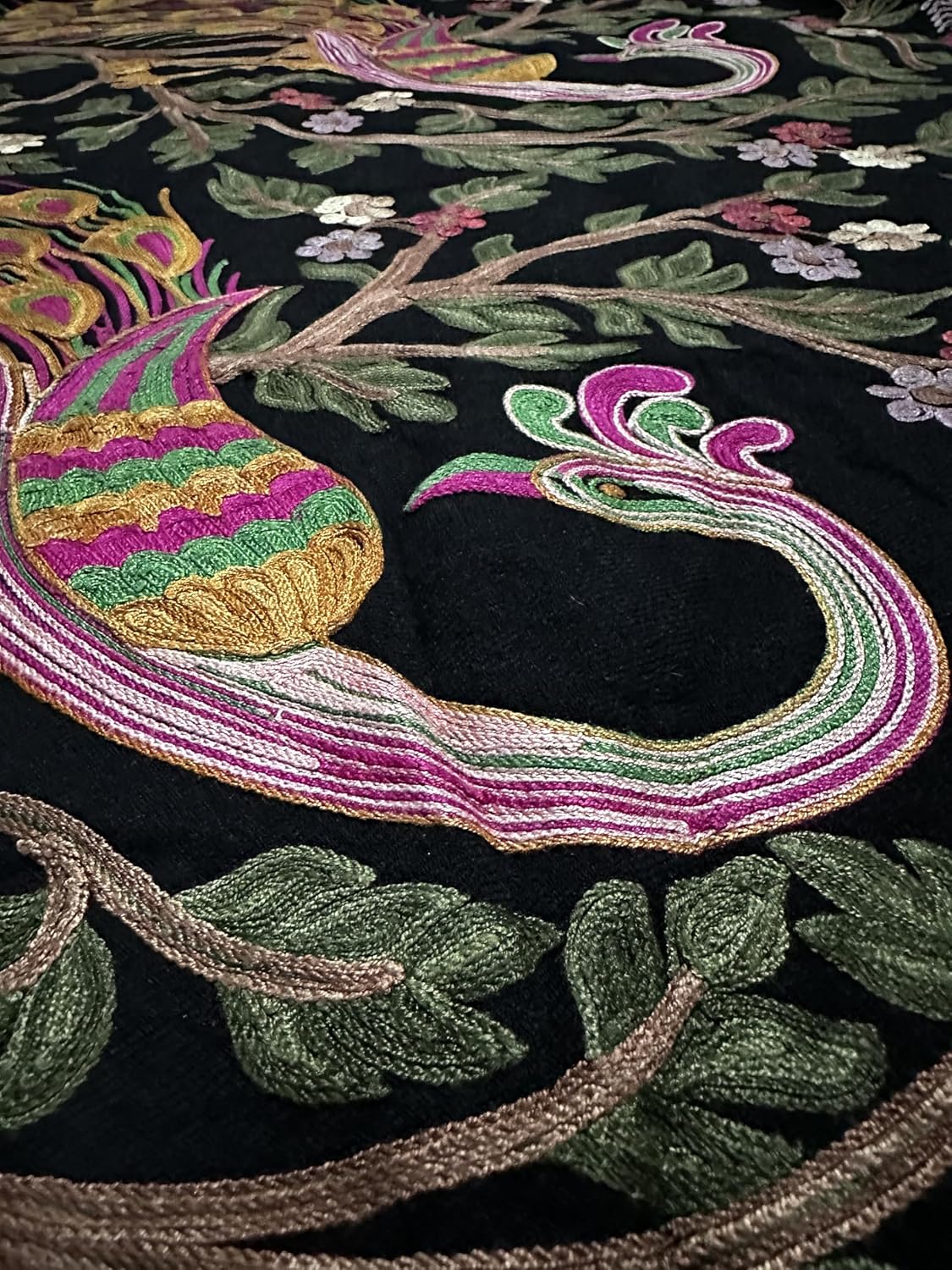 Black Shawl with Vibrant Peacock and Floral Embroidery, Multicolour, with Tassel Fringe